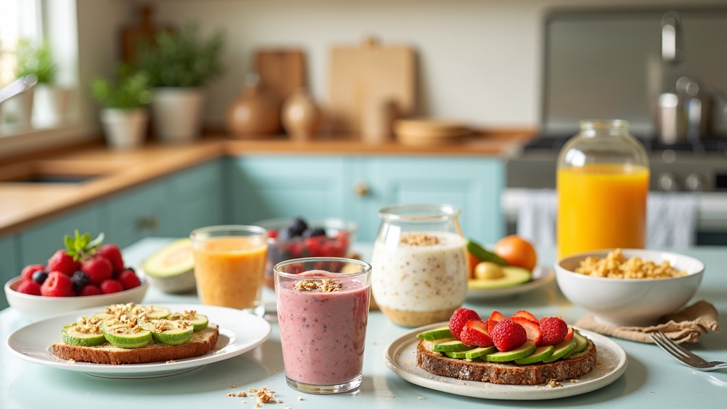 A colorful, inviting spread of healthy breakfast dishes including smoothie bowls, overnight oats, and avocado toast on a kitchen table