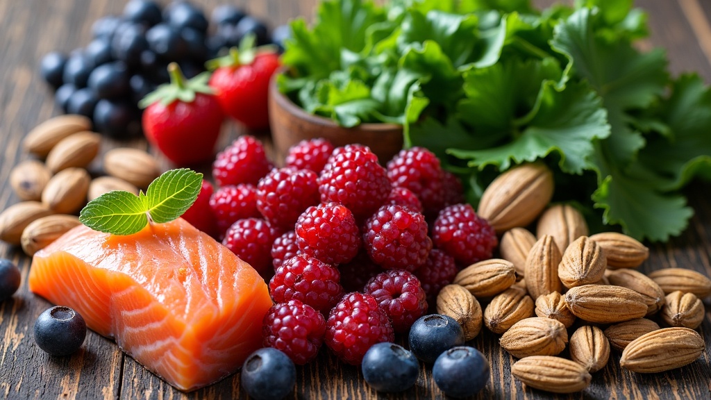 A colorful assortment of common superfoods including berries, leafy greens, nuts, and salmon displayed on a rustic wooden table.