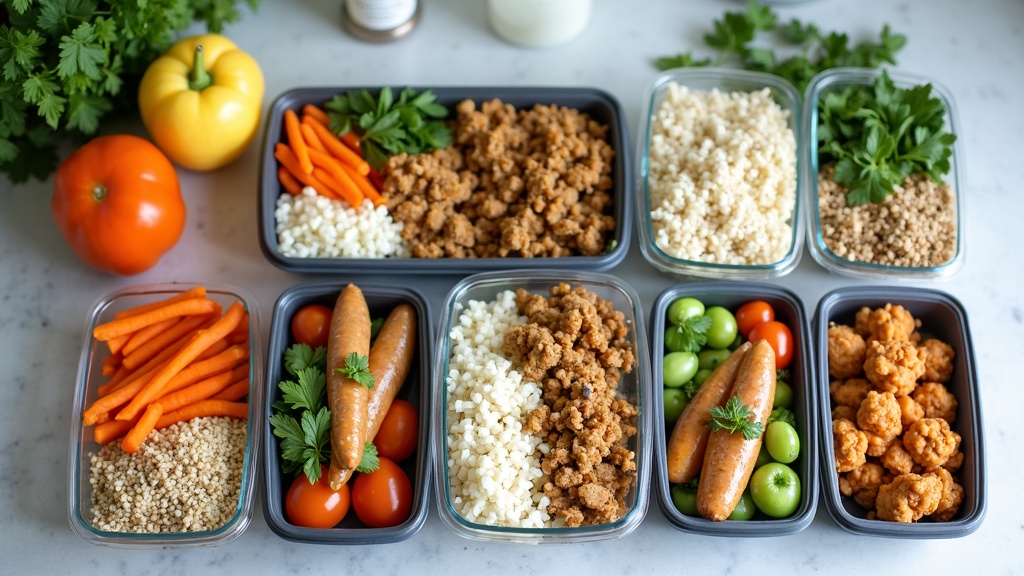 Colorful collection of prepped healthy meals featuring grains, vegetables, and proteins arranged in containers on a kitchen counter with fresh ingredients nearby.