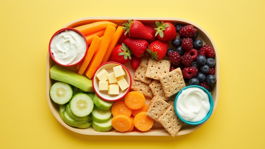 A colorful assortment of healthy kids' snacks: fresh fruits, veggie sticks with dip, granola bars, cheese cubes, and yogurt in small bowls on a bright table