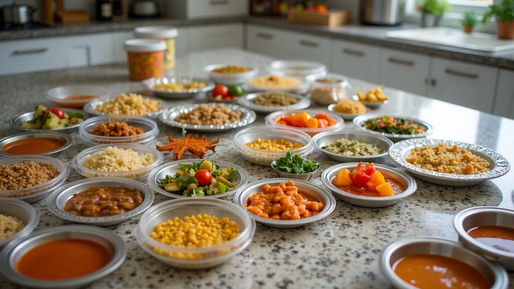 A home kitchen with meal prepping containers, pots of soups, chopped vegetables, grains, and sauces on a clean countertop