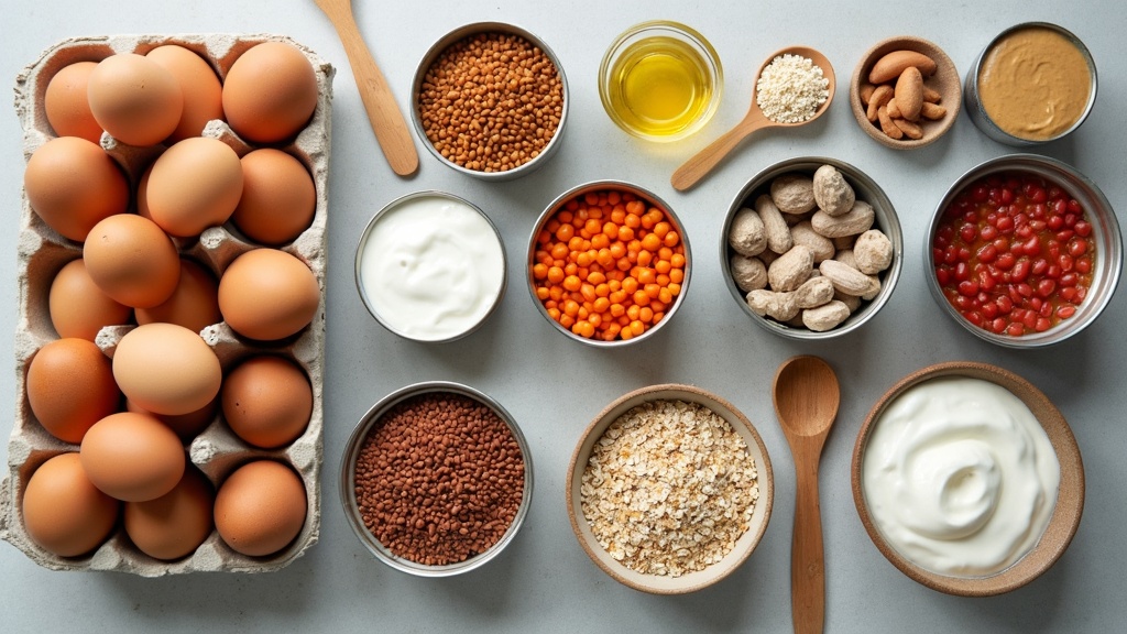A selection of budget protein sources including eggs, lentils, beans, seeds, and Greek yogurt arranged on a kitchen counter.