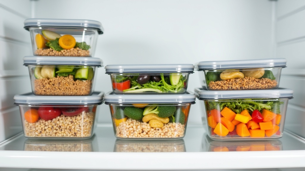 Array of colorful, healthy low-calorie lunch containers with vegetables, grains, and grilled proteins