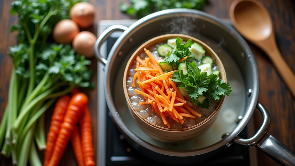 Assorted vegetables being steamed and boiled side by side