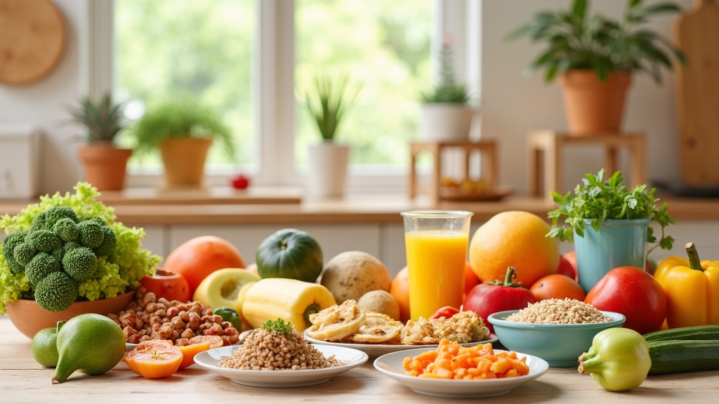 Colorful healthy kid-friendly meal spread with fruits, veggies, and balanced dishes