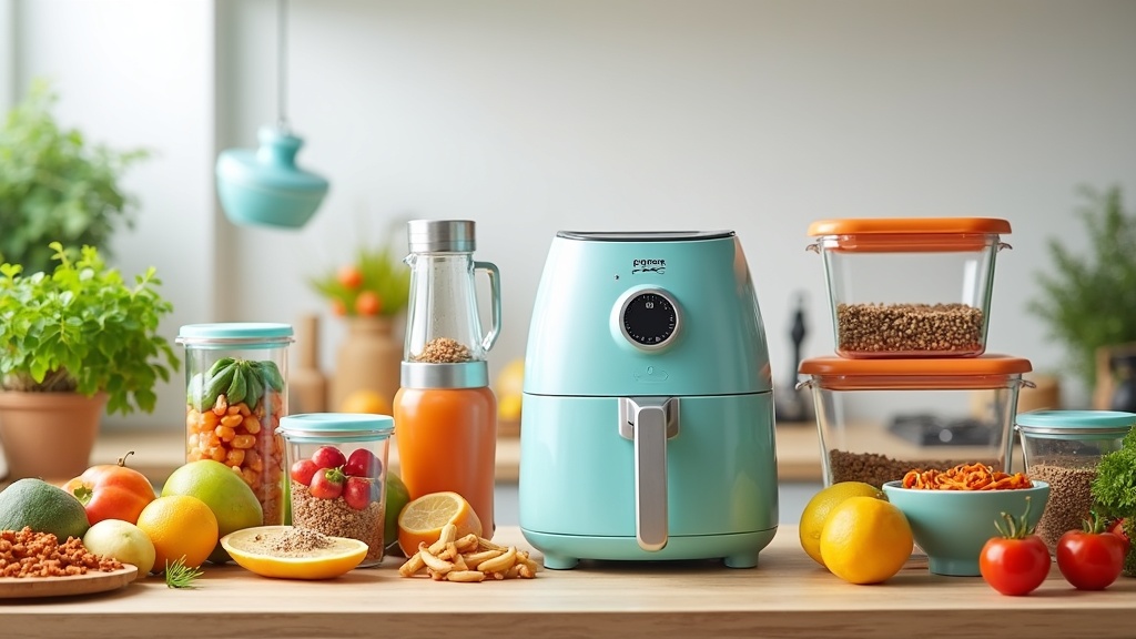 Top 10 Kitchen Gatches For Healthy Cooking. An assortment of colorful kitchen gadgets (spiralizer, air fryer, blender, glass containers, mandolineslicer, ceramic cookware, and more) arranged on a kitchen countertop, beside bowls of fresh vegetables, grains, and fruit.