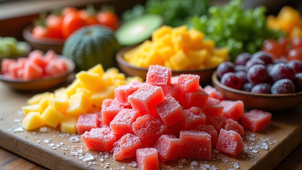 Frozen finely chopped vegetables on a Kitchen Table. Using Frozen Produce For Nutritious Dishes